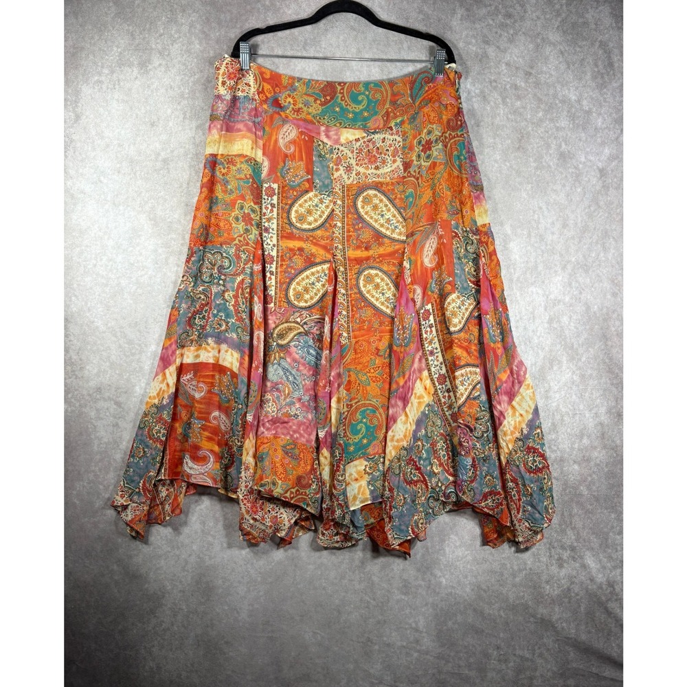 Lauren Ralph Lauren Skirt Women 16 Orange Paisley Handkerchief Hem Silk Boho
